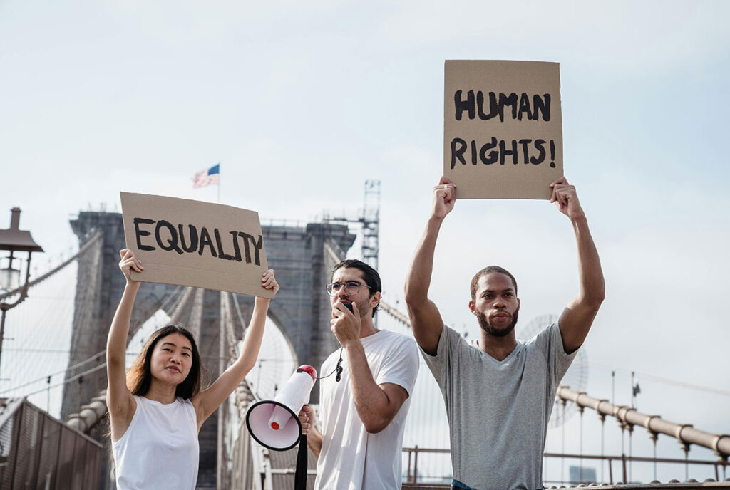 People on bridge protesting